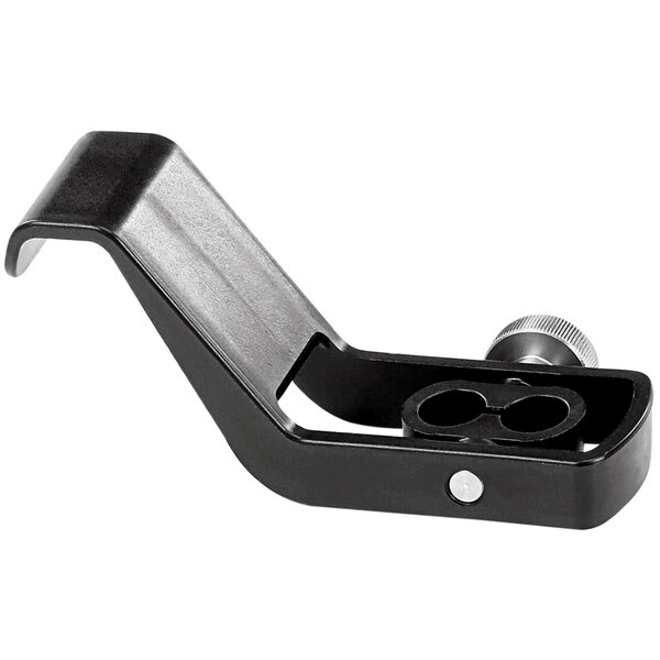 A black plastic steam spout handle with a screw.