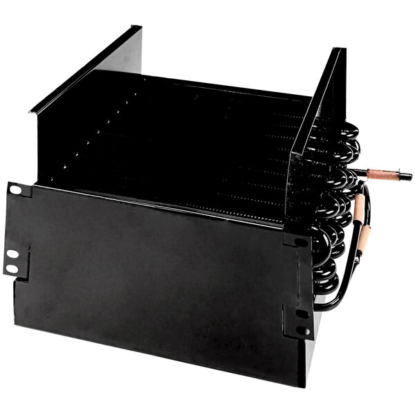 A black metal box with wires and a black tube.