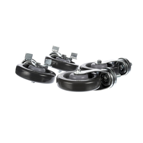 A group of two black Winston caster wheels with nuts on top.