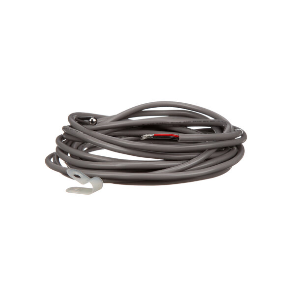 The coiled gray cable of an Aladdin thermistor probe with a red and white cable.