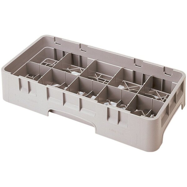 A beige plastic Cambro glass rack with 10 compartments and 5 extenders.