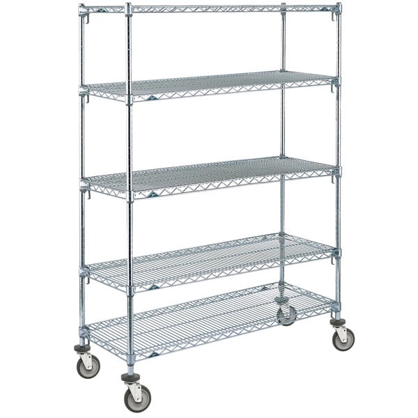 A chrome Metro wire shelving unit with polyurethane casters.