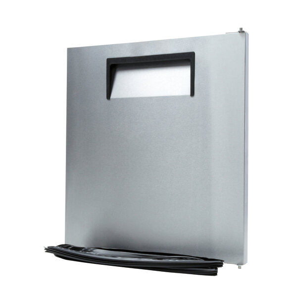 A silver rectangular True Refrigeration door with a black handle.