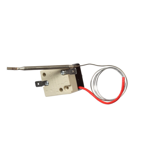 A white and red Equipex A06050 Hi Limit electrical device with wires attached.