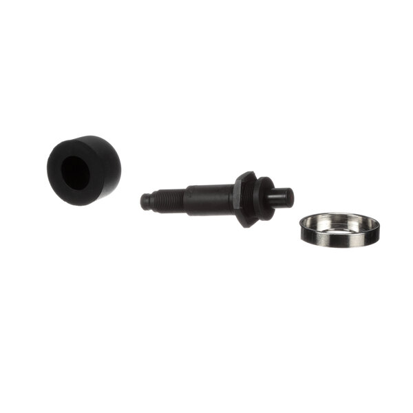 A black rubber stopper with a round metal object inside.