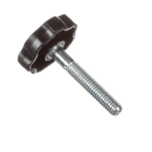 A close-up of a black and silver screw with a black knob on the end.