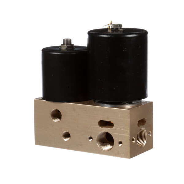 A close-up of two black VacMaster solenoid valves on a white background.