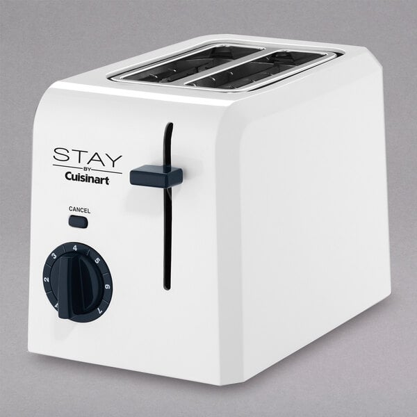 A white STAY by Cuisinart toaster with a black handle.