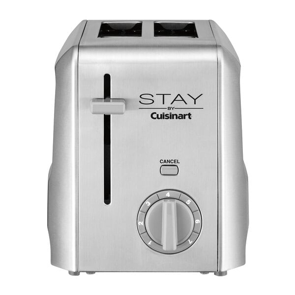 A silver STAY by Cuisinart 2 slice toaster with a dial and a knob.