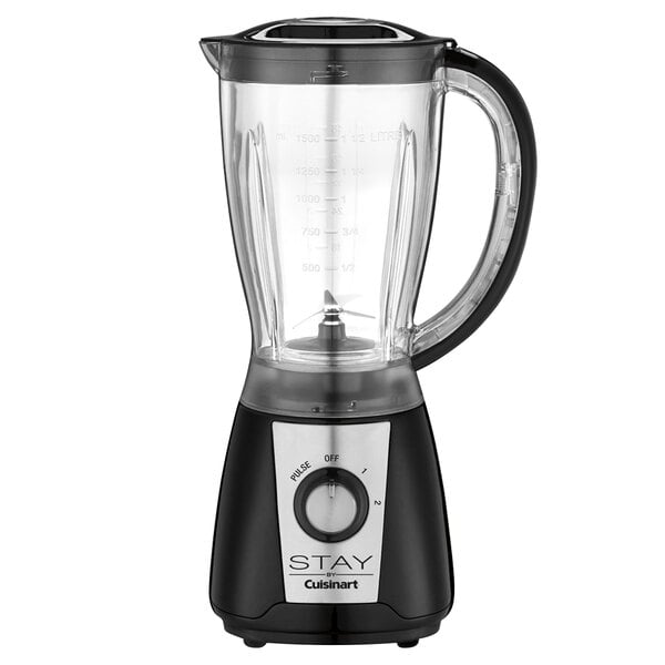 A close-up of a black STAY by Cuisinart blender with a clear container and silver accents.