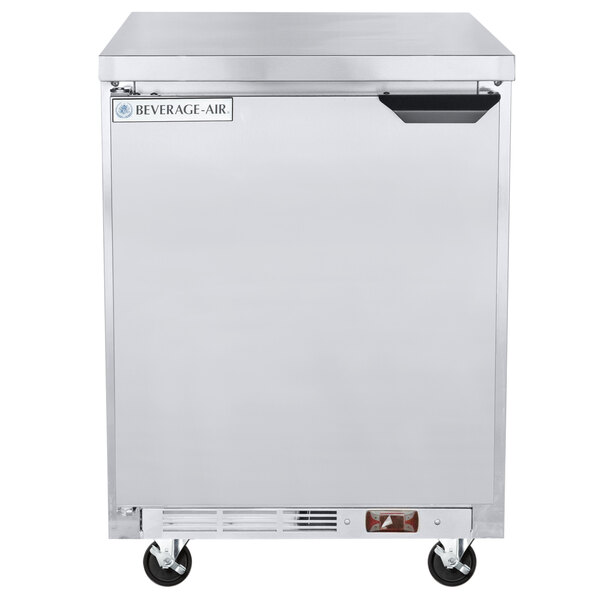 A stainless steel Beverage-Air worktop freezer with a flat top and left-hinged door on wheels.