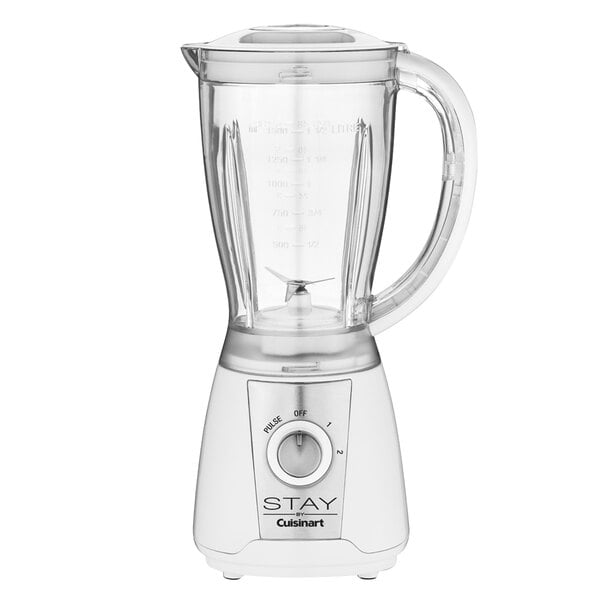 A white STAY by Cuisinart blender with a glass container and lid.