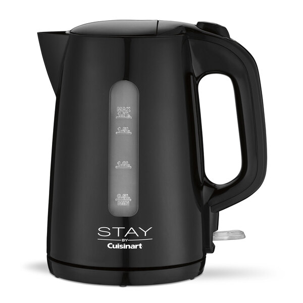 A black STAY by Cuisinart electric kettle with a handle.