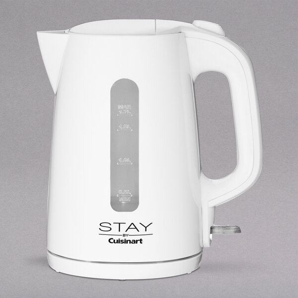 A white STAY by Cuisinart electric kettle with a handle and text.