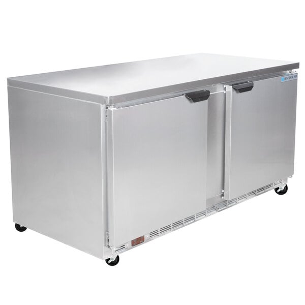 A Beverage-Air stainless steel undercounter refrigerator with two doors.