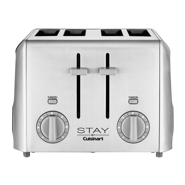 A silver STAY by Cuisinart 4-slice toaster with knobs and buttons.