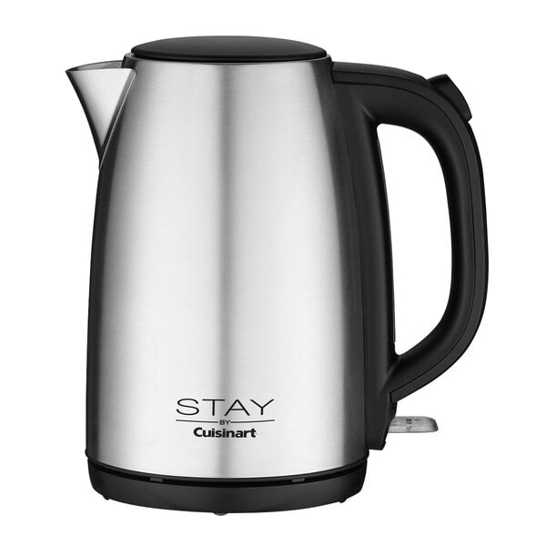 A STAY by Cuisinart stainless steel kettle with the word "stay" on it.