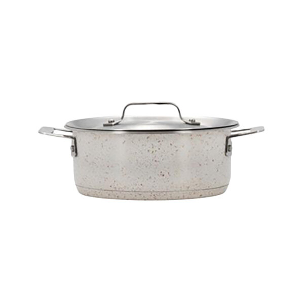 A white stainless steel Bon Chef Cucina casserole pot with a lid and handle.