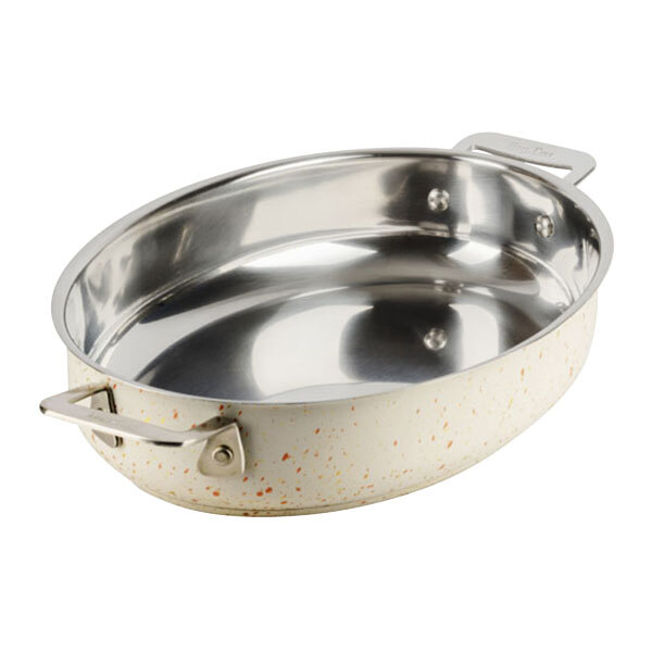 A stainless steel Bon Chef oval au gratin dish with handles.