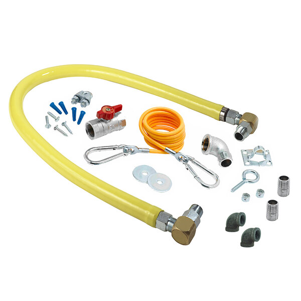 A yellow T&S Safe-T-Link gas hose with silver fittings and a black ring.