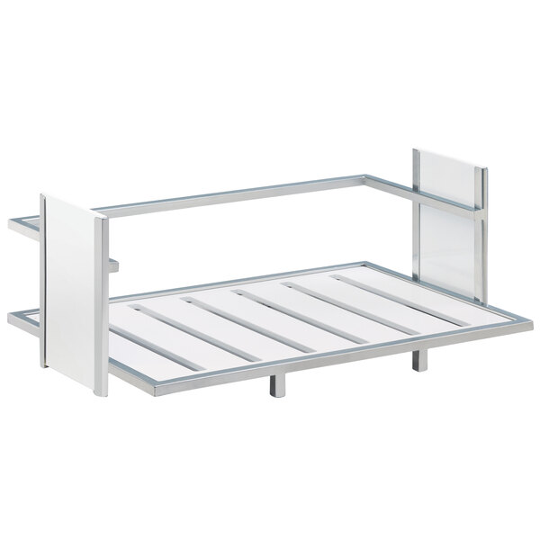 A white metal shelf with a metal frame holding a white tray.