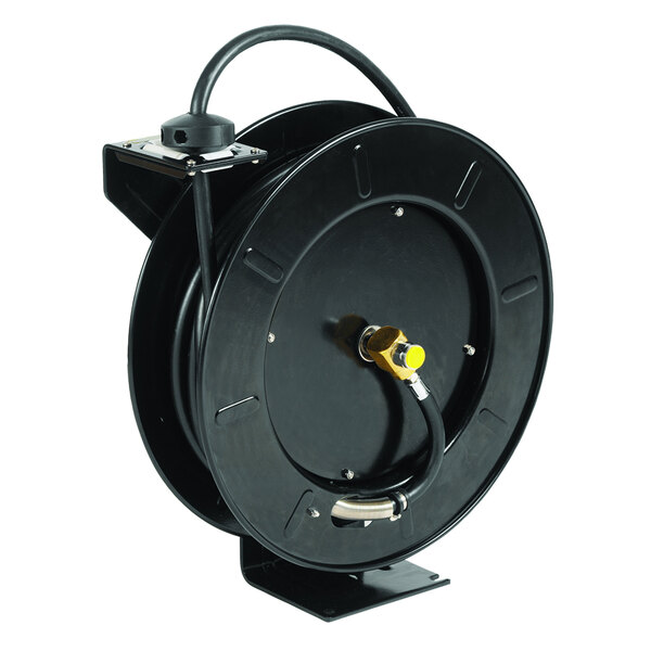A black Equip by T&amp;S hose reel with a hose.