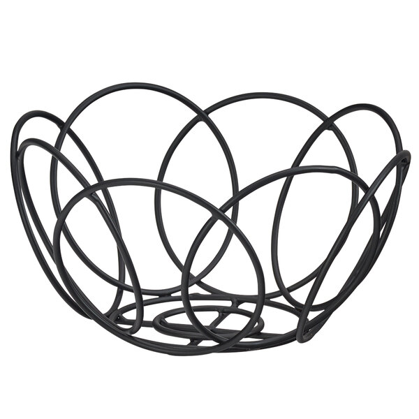 A black wire bread basket with rings on a table.