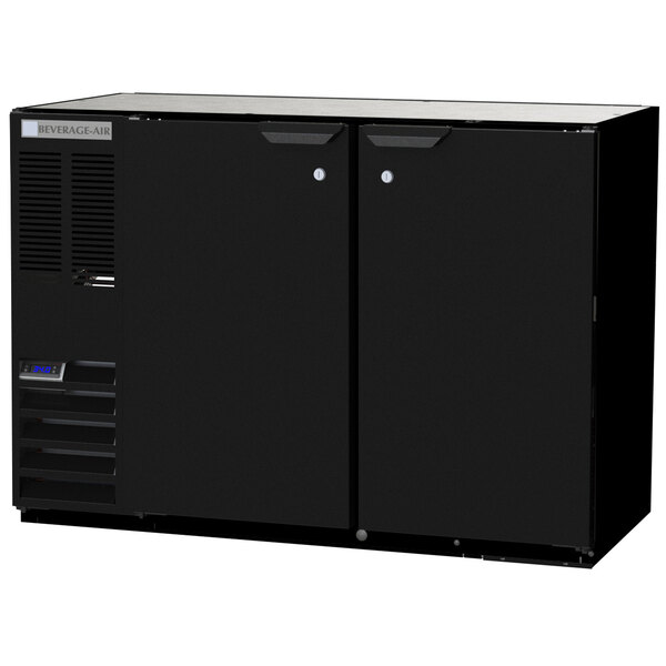 A black Beverage-Air back bar refrigerator with two doors.