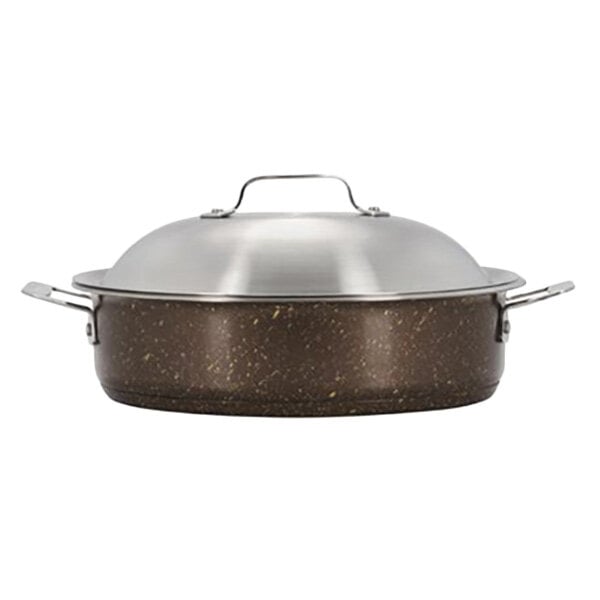 A Bon Chef stainless steel round saute pan with a brown lid.