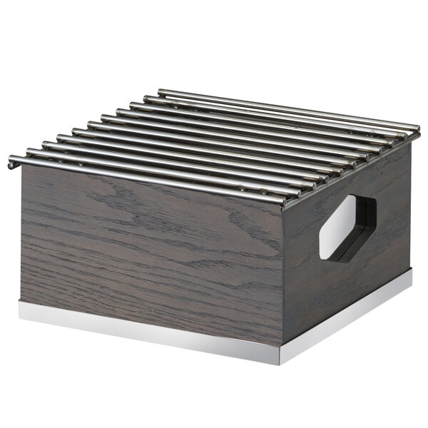 A gray oak wood box with metal slats on top.