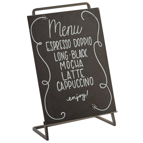A black Cal-Mil Sierra chalkboard stand with white writing displaying a menu.