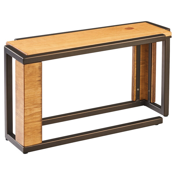 A Cal-Mil rustic pine rectangle riser with metal legs on a table.
