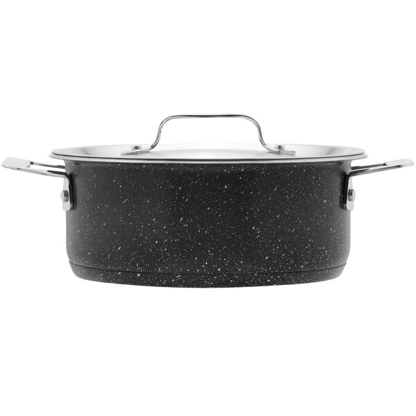A black and white speckled stainless steel Bon Chef casserole pot with lid.