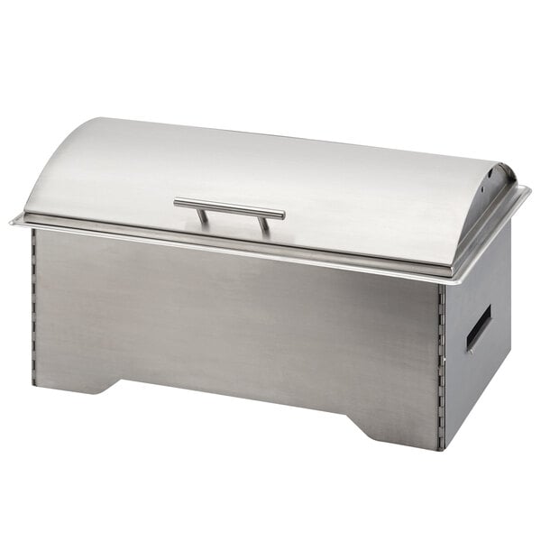 A stainless steel Cal-Mil collapsible chafer on a counter.