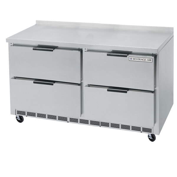 A stainless steel Beverage-Air worktop refrigerator with four drawers.