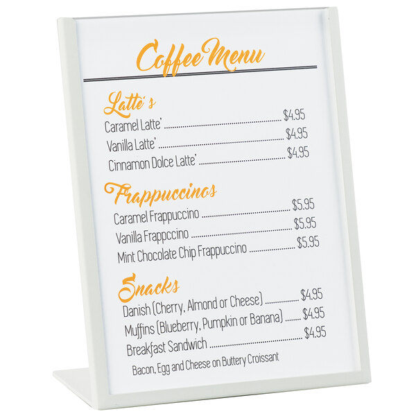 A white Cal-Mil cardholder displaying a coffee menu with prices.