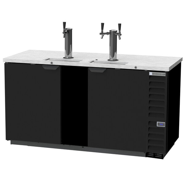 A black Beverage-Air double beer dispenser with one single and one double beer tap.