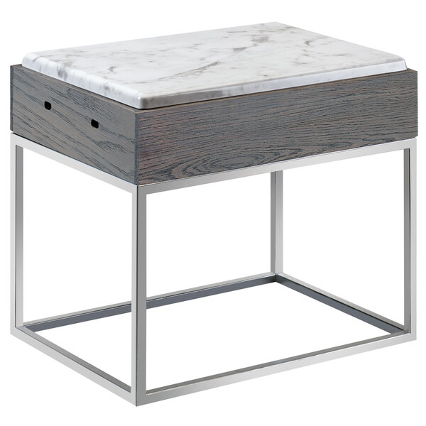 A Cal-Mil Ashwood gray oak wood riser with a white marble tray on top.