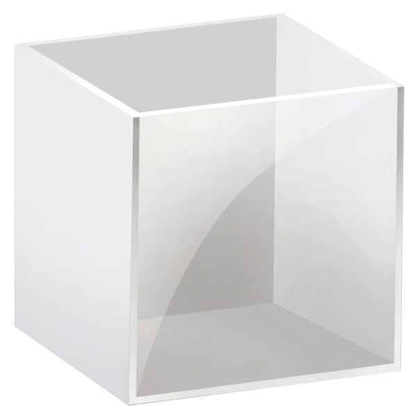 A clear acrylic cube with a clear bottom and white walls.