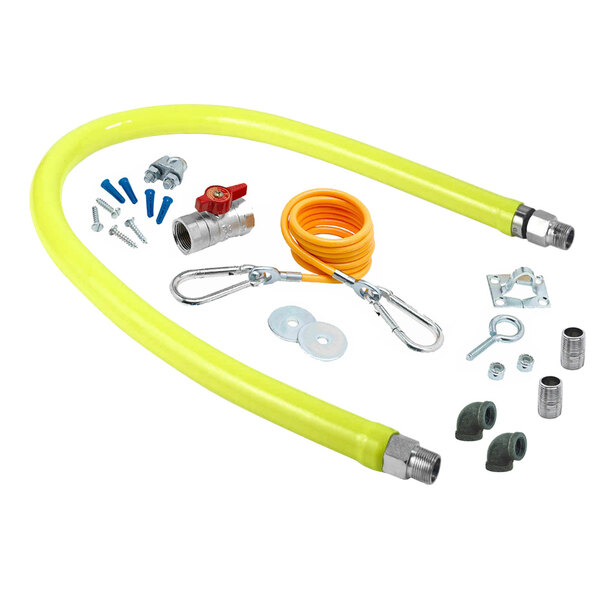 A yellow T&amp;S Safe-T-Link gas connector hose with elbows, nipples, a restraining cable, and a ball valve.