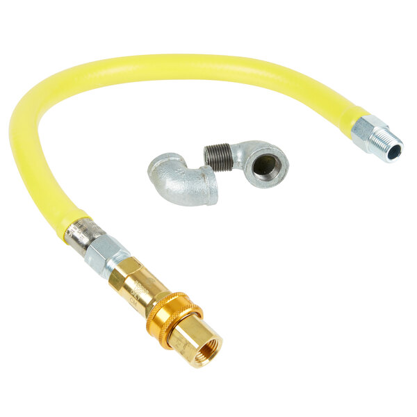 A yellow T&S gas connector hose with metal elbows.