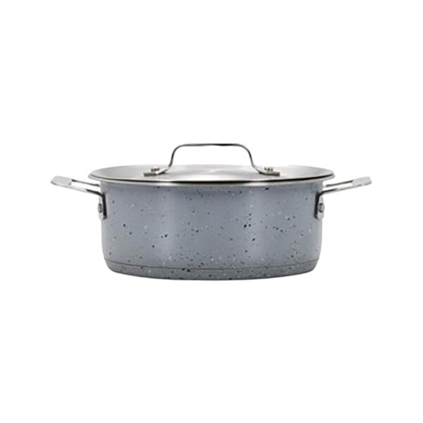 A grey Bon Chef Cucina sauce pot with a handle and lid.