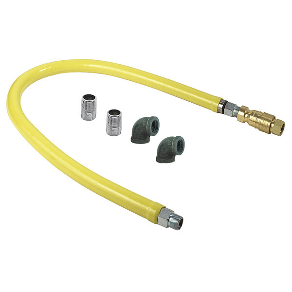 A yellow T&S Safe-T-Link gas connector hose with metal fittings.