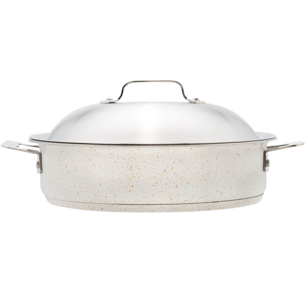 A Bon Chef stainless steel round saute pan with a lid.