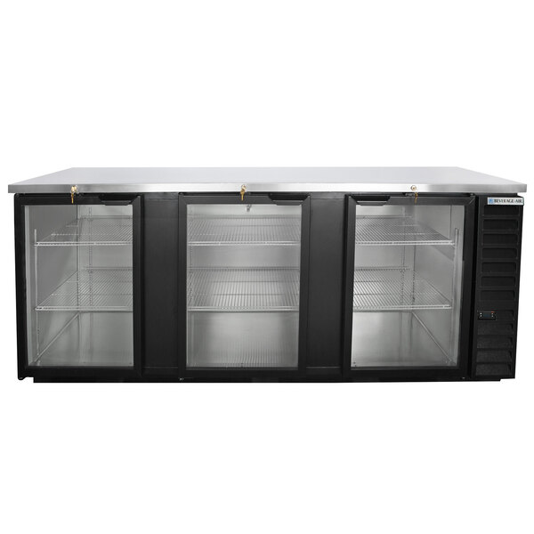 A black Beverage-Air back bar refrigerator with three glass doors.