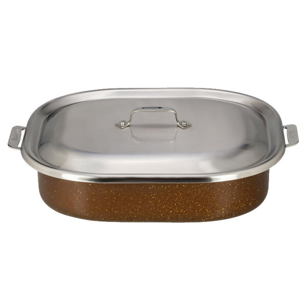 A Bon Chef stainless steel rectangular roasting pan with a lid.