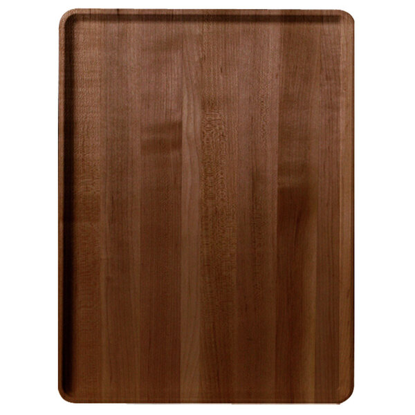 A Cambro Java teak faux-wood fiberglass dietary tray with a wood grained surface.