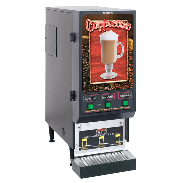 A Bunn Fresh Mix Cappuccino / Espresso machine with a glass of coffee.