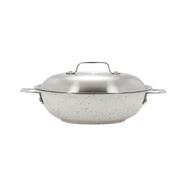 A Bon Chef stainless steel brazier pan with a lid.