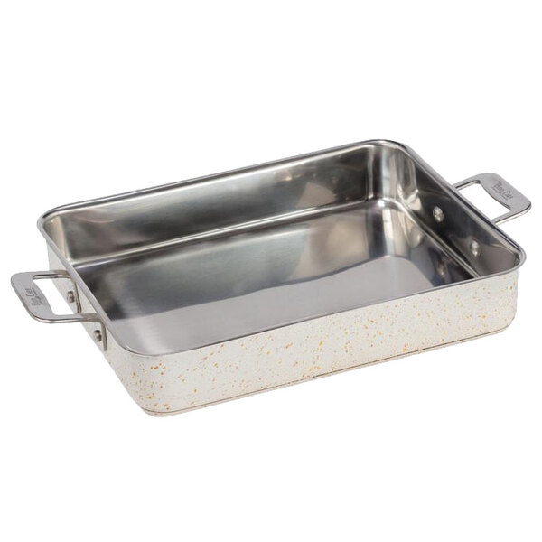 A silver rectangular stainless steel Bon Chef desert roasting pan with handles.